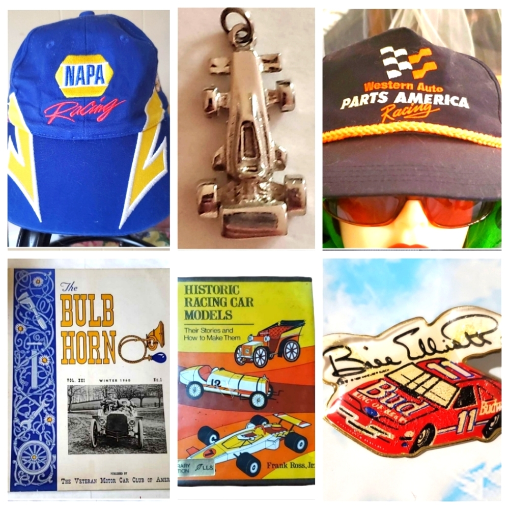 AUTO RACING Bundle Vintage Lot Books Hats Charm & Pin Collectable Race Car